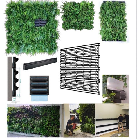 Green artificial foliage panels from frameless living wall system for creating a vibrant living wall with plant cassette use
