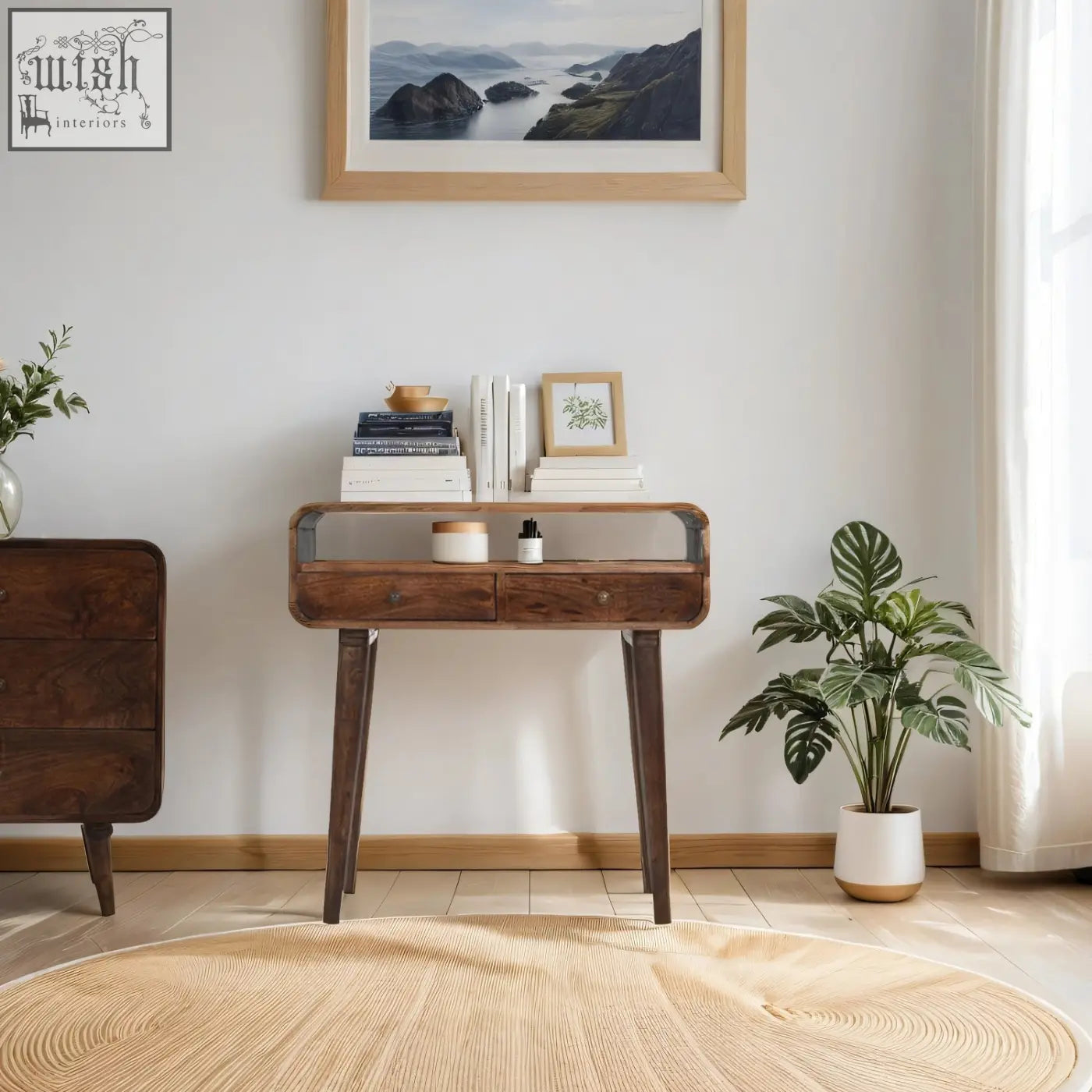 Sleek franklin dark mango wood console table in dark wood with two drawers and tapered legs