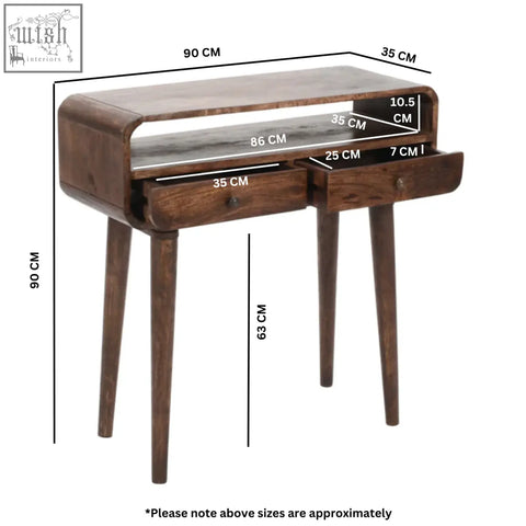 Dark mango wood franklin console table with two drawers and tapered legs in mid-century modern style
