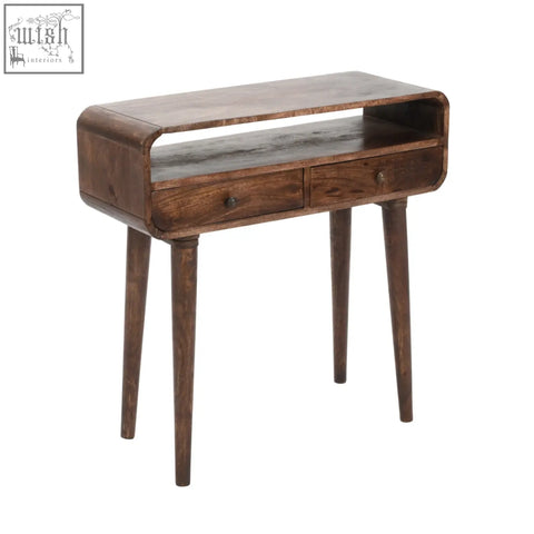 Dark brown franklin dark mango wood console table with two drawers and tapered legs in mango wood finish