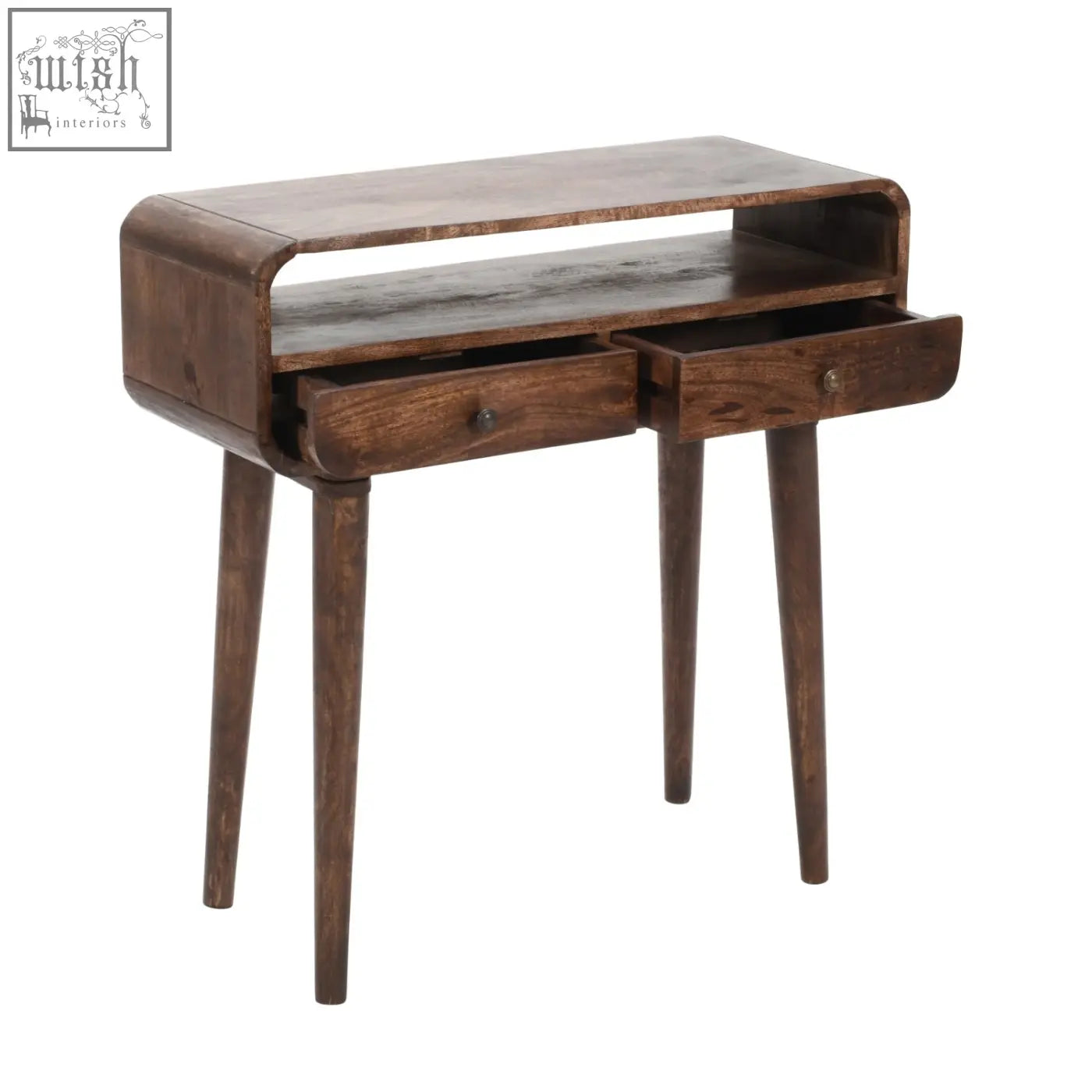 Dark brown franklin dark mango wood console table with two drawers and tapered legs for stylish storage