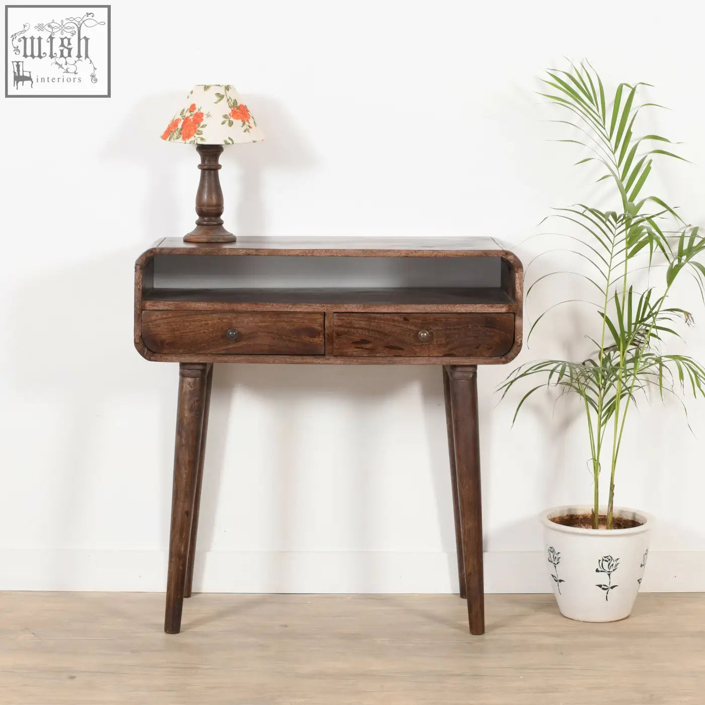 Dark mango wood console table with two drawers and tapered legs from franklin dark mango wood collection