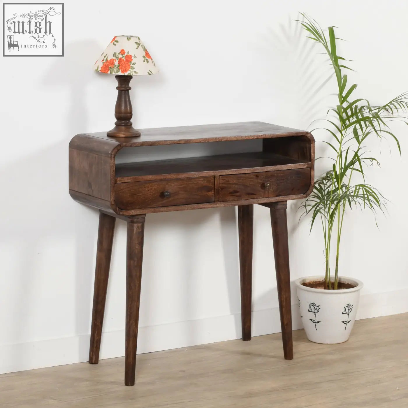 Dark wood franklin dark mango console table with tapered legs and two drawers made from mango wood