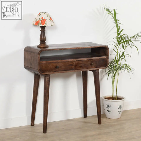 Dark wood franklin dark mango console table with tapered legs and two drawers made from mango wood