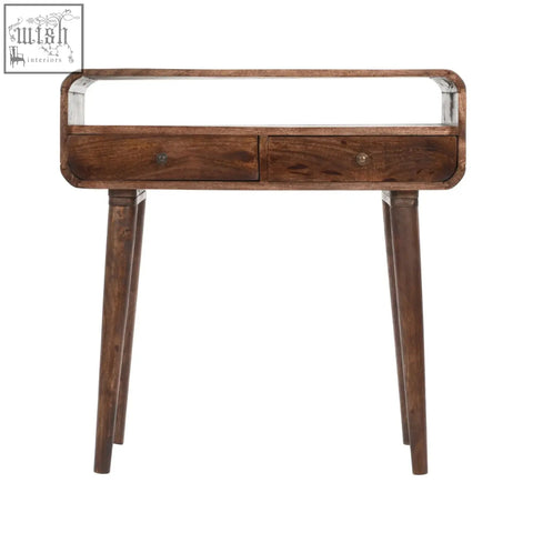Dark mango wood franklin console table with glass top and two drawers made from mango wood