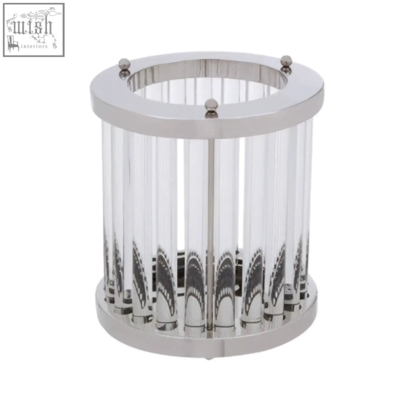 Silver small glass candle holder with clear glass rods and polished metal accents for elegant decor