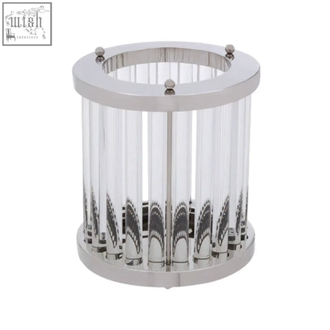 Silver small glass candle holder with clear glass rods and polished metal accents for elegant decor