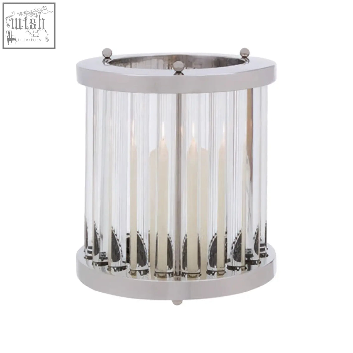 Small silver franklin glass candle holder with clear glass rods and polished metal frame cylindrical design