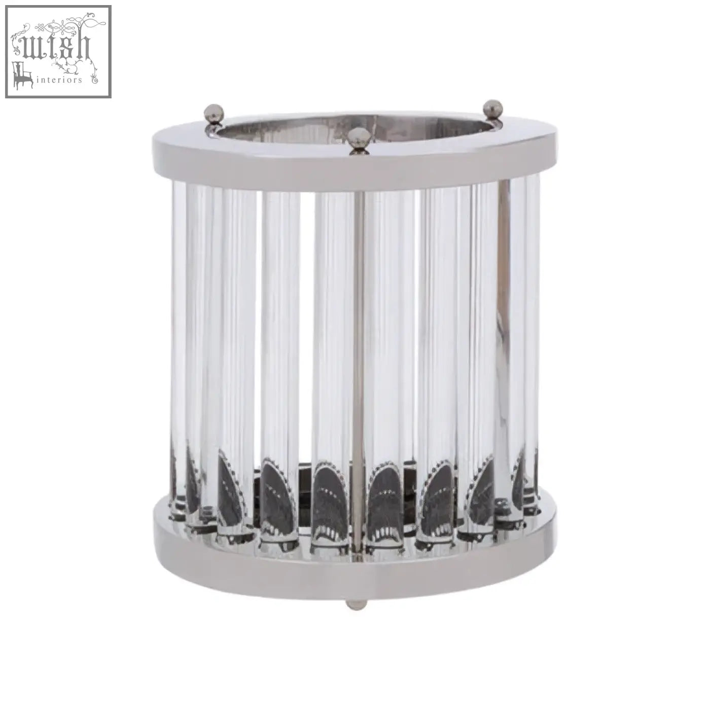 Franklin small silver and glass candle holder with chrome finish, clear glass rods, and black leaf motifs at the base