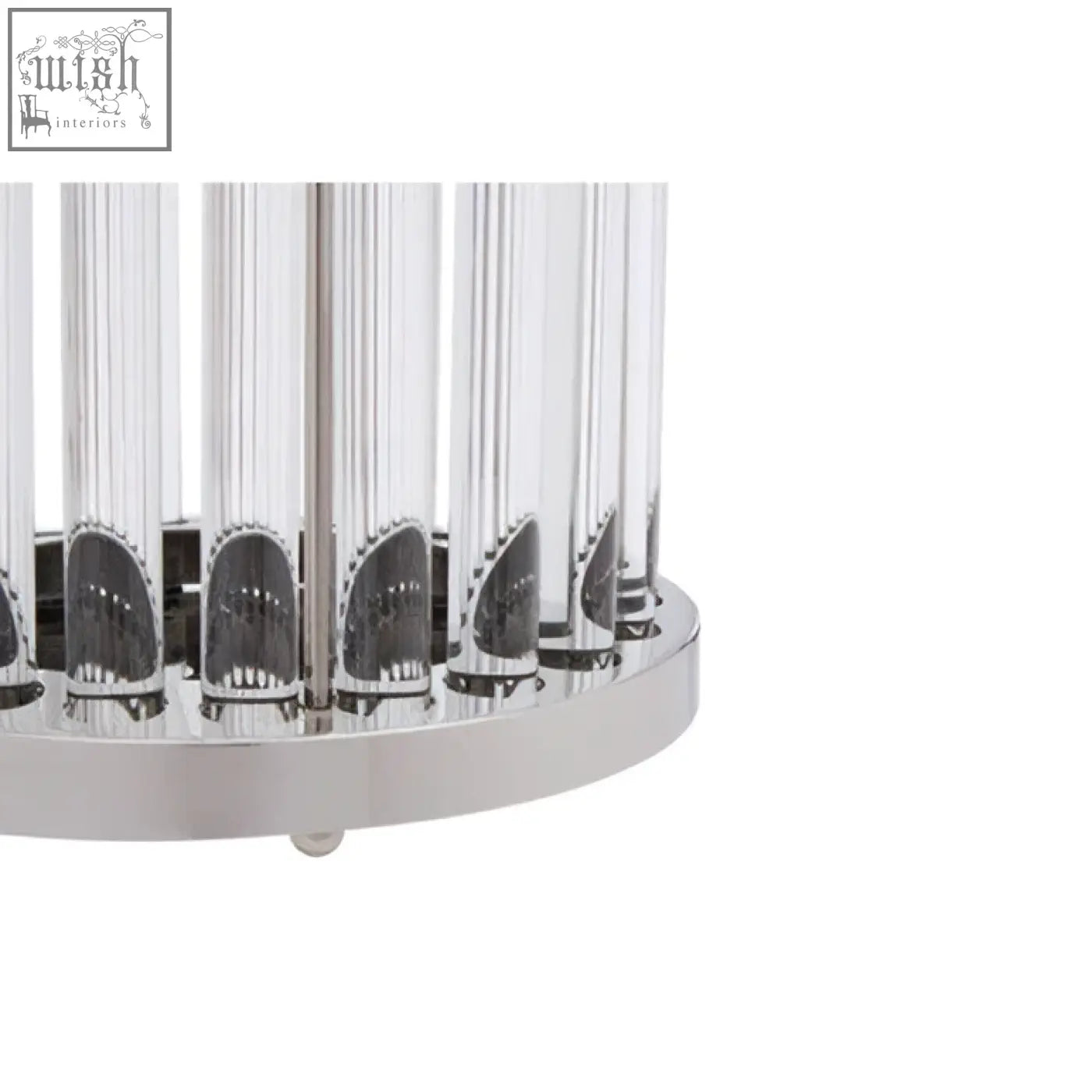 Small silver and glass candle holder with chrome finished cylindrical glass tubes in a circular pattern on a metallic base