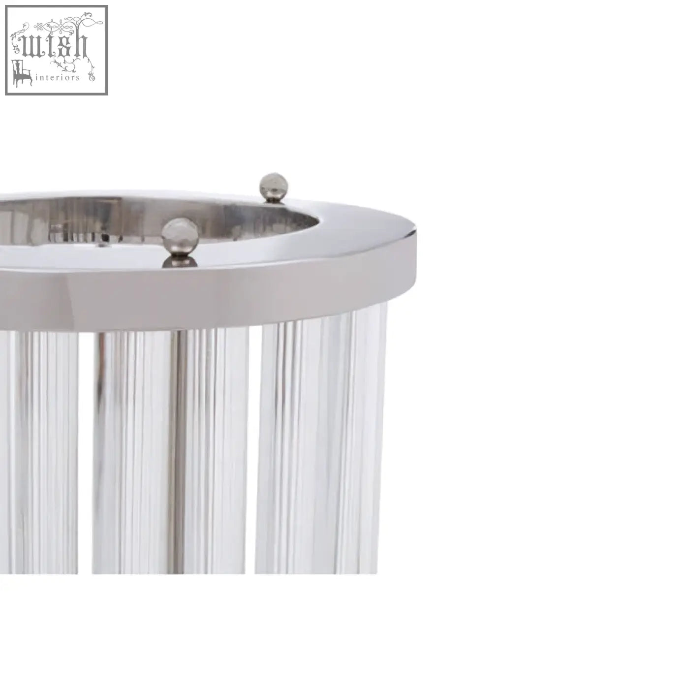 A sleek small silver and glass candle holder with a polished chrome rim and clear glass prisms hanging vertically