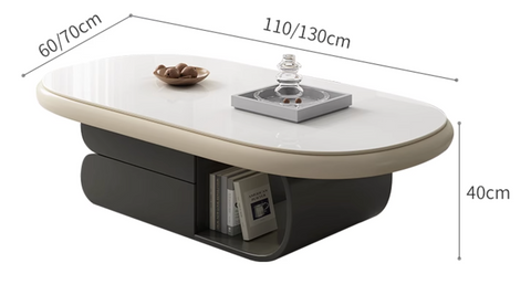 Modern oval freda coffee table with glossy milky white top and dark gray base with storage compartments