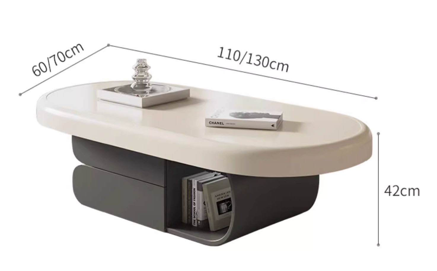 Modern oval freda coffee table with smooth milky white top and dark gray base featuring storage compartments