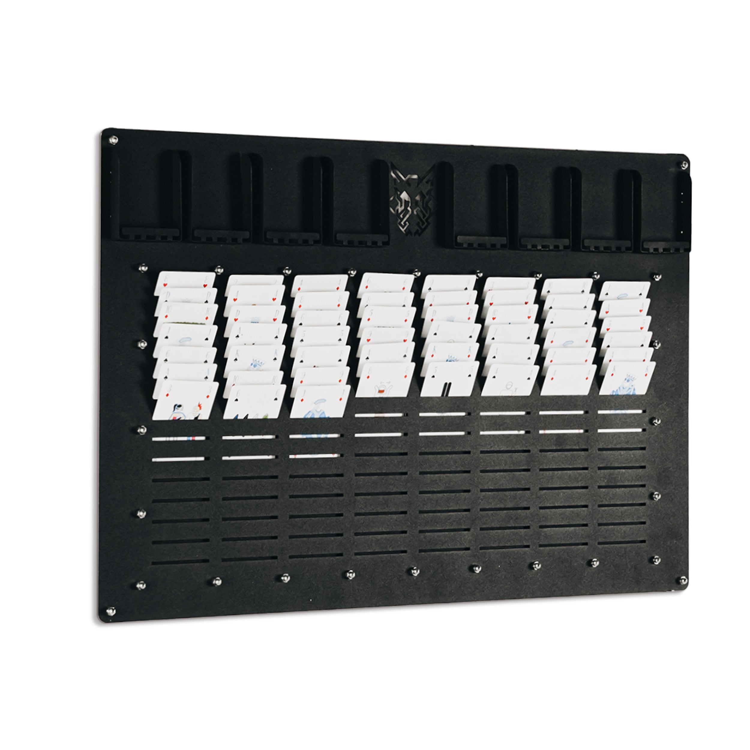 Black metal wall-mounted card display rack holding white business cards for the freecell wall game product