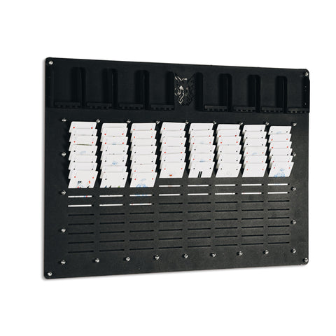 Black metal wall-mounted card display rack holding white business cards for the freecell wall game product