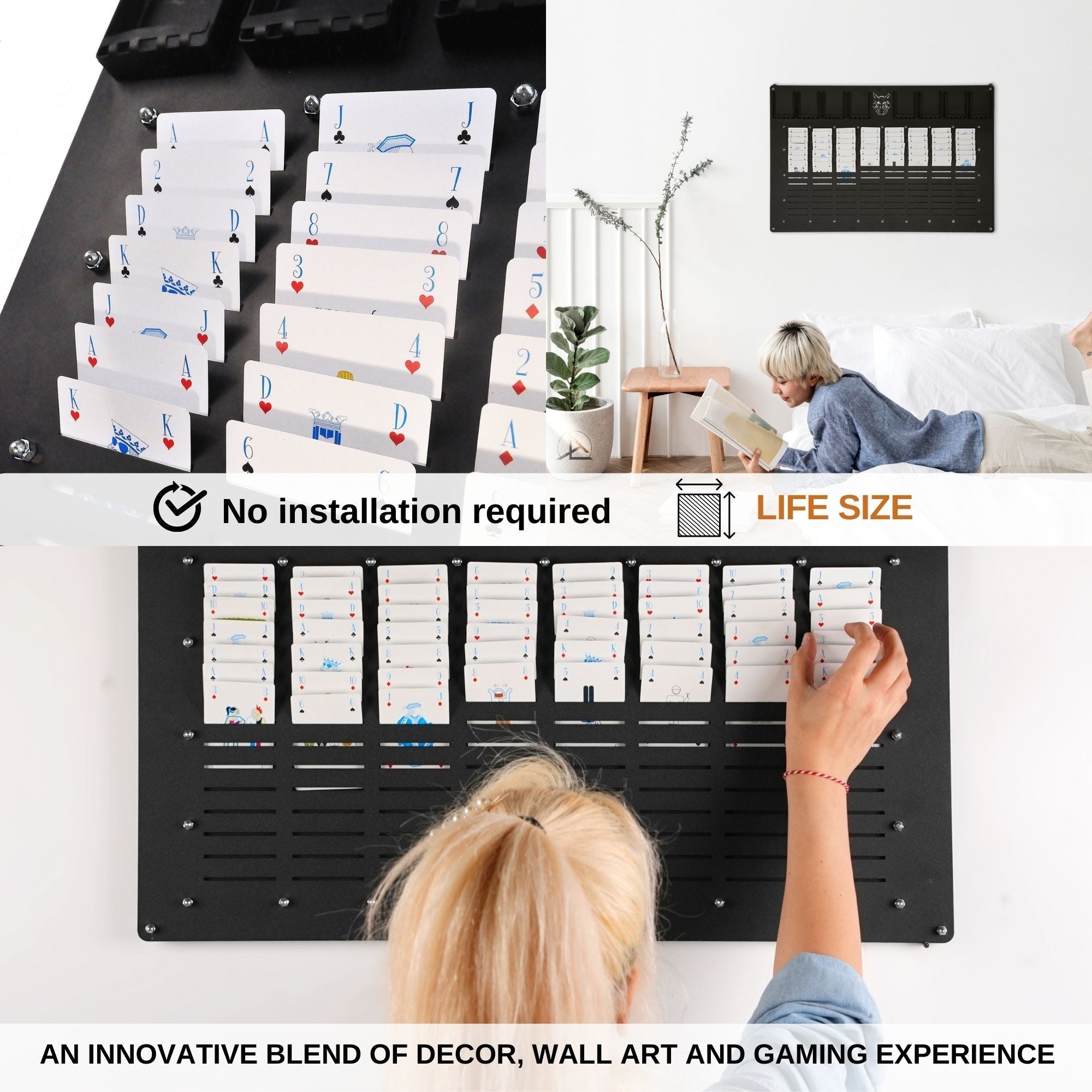 Black wall-mounted card display rack holding playing cards in organized vertical slots for freecell wall game