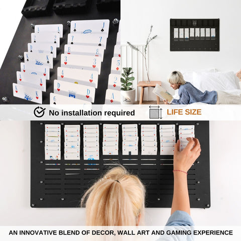 Black wall-mounted card display rack holding playing cards in organized vertical slots for freecell wall game