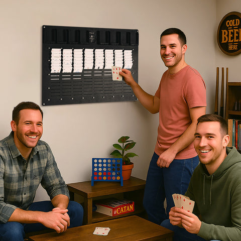 Black wall-mounted card organizer made of sturdy material with multiple slots holding playing cards for freecell wall game