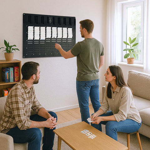 Black wall-mounted card organizer with multiple slots for holding playing cards in freecell wall game setup