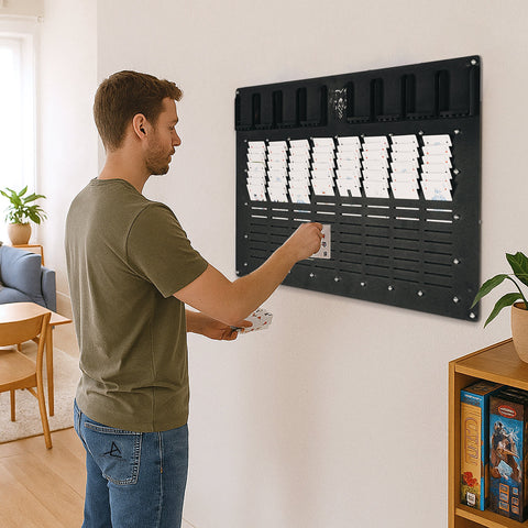 Black wall-mounted key card holder with multiple slots and decorative emblem for freecell wall game access cards