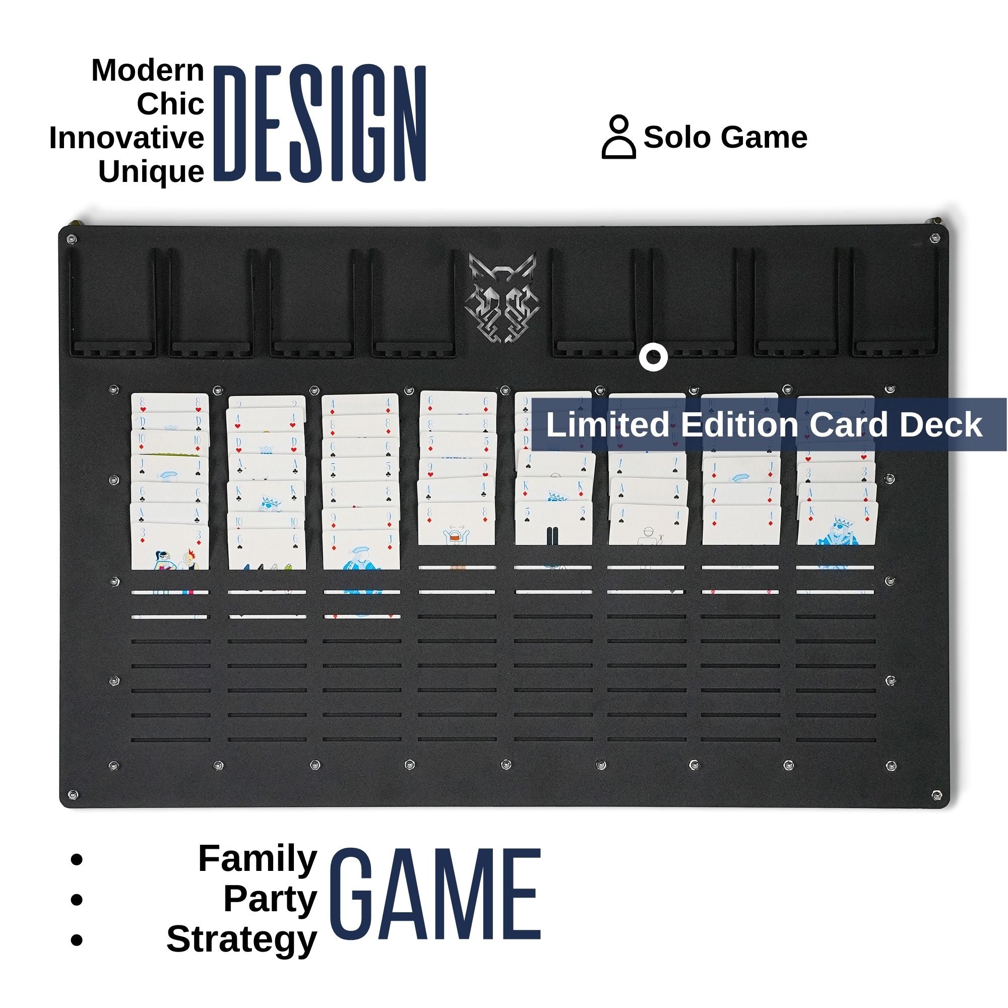 Black plastic card holder with six vertical slots holding white playing cards for the Freecell wall game