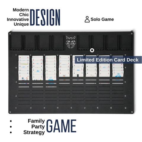 Black plastic card holder with six vertical slots holding white playing cards for the Freecell wall game