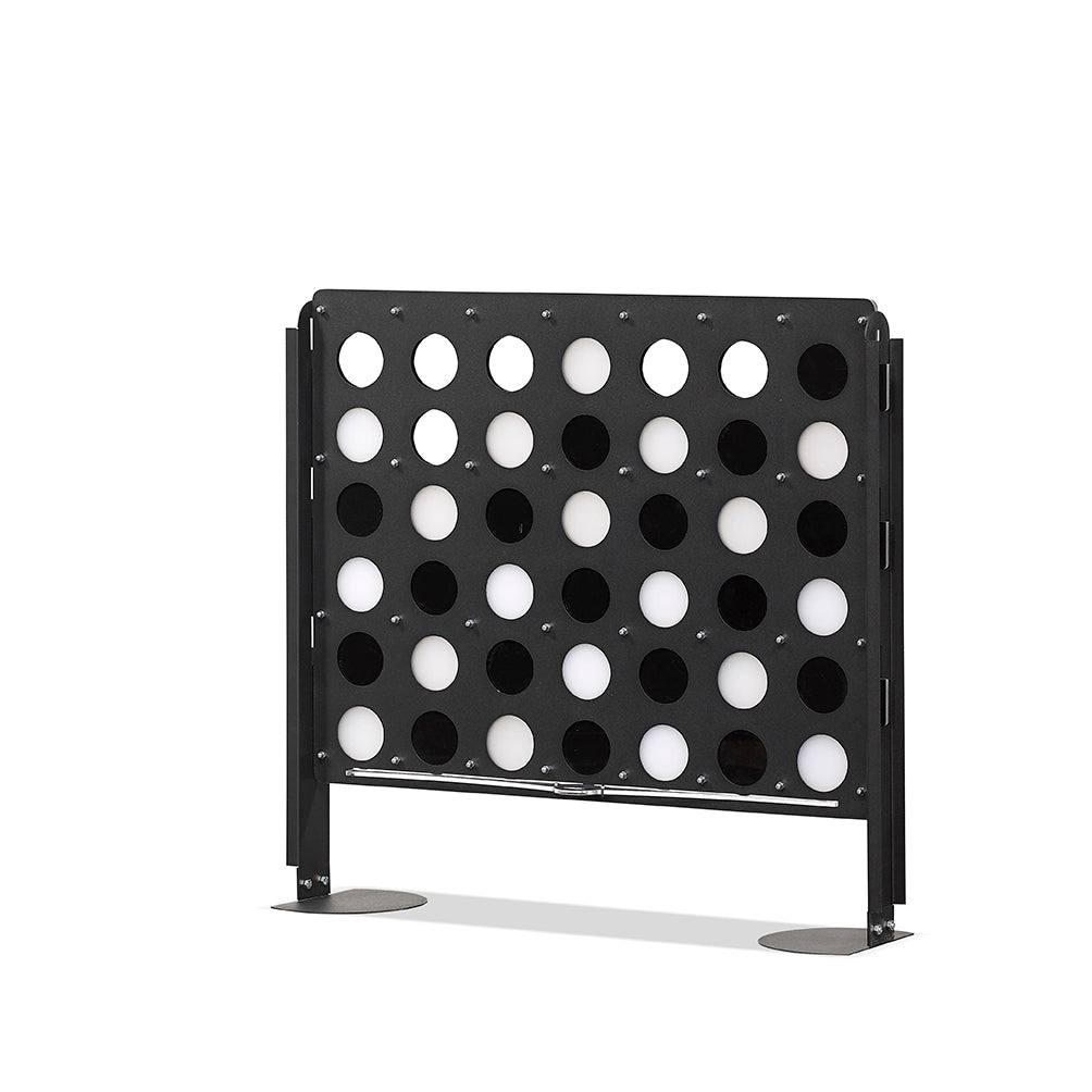 Freestanding four in a row black metal game board with life size four alternating white and black circular pegs