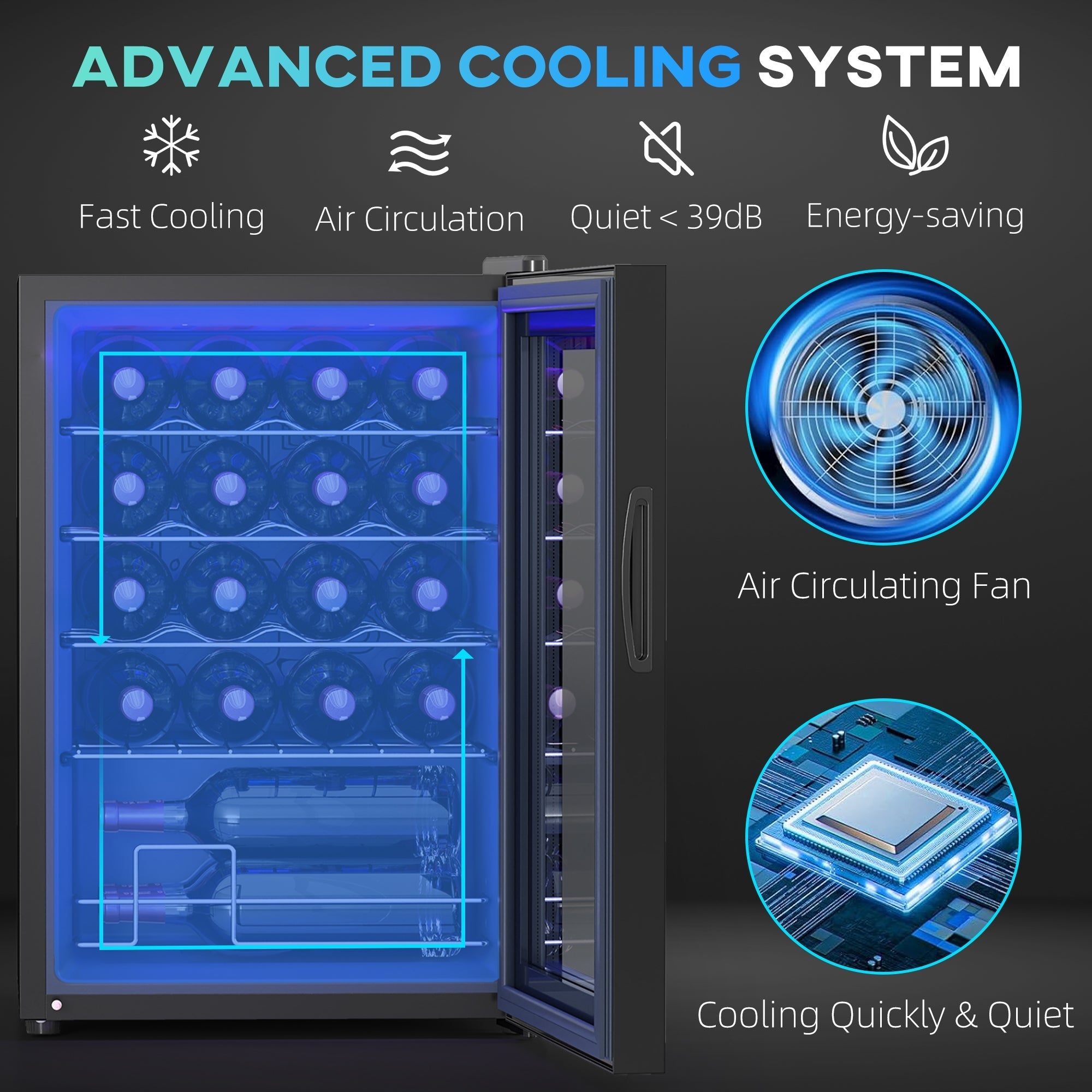 Freestanding black wine cooler fridge with glass door blue led light holds 20 bottles perfect for home use