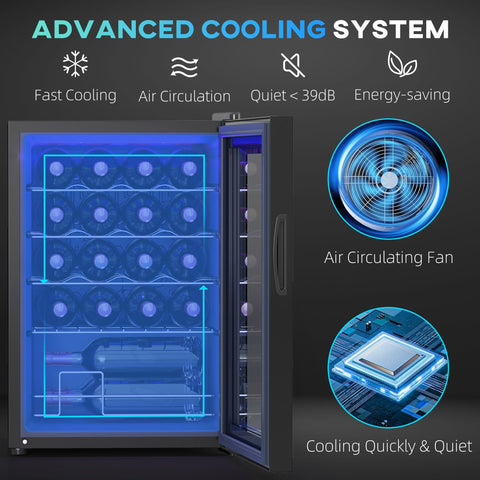 Freestanding black wine cooler fridge with glass door blue led light holds 20 bottles perfect for home use