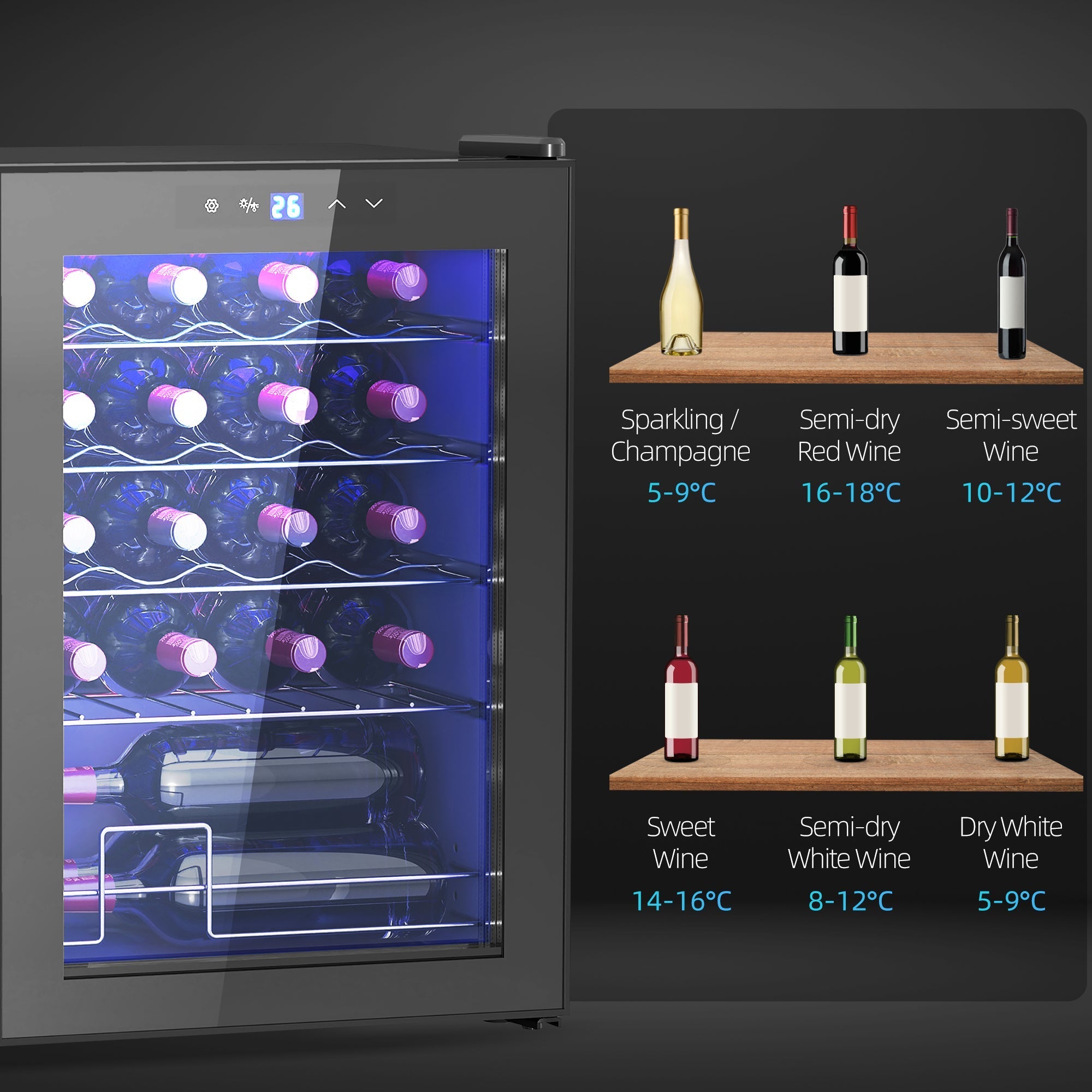 Black freestanding wine cooler fridge with glass door blue LED light and digital temperature display holds 20 bottles