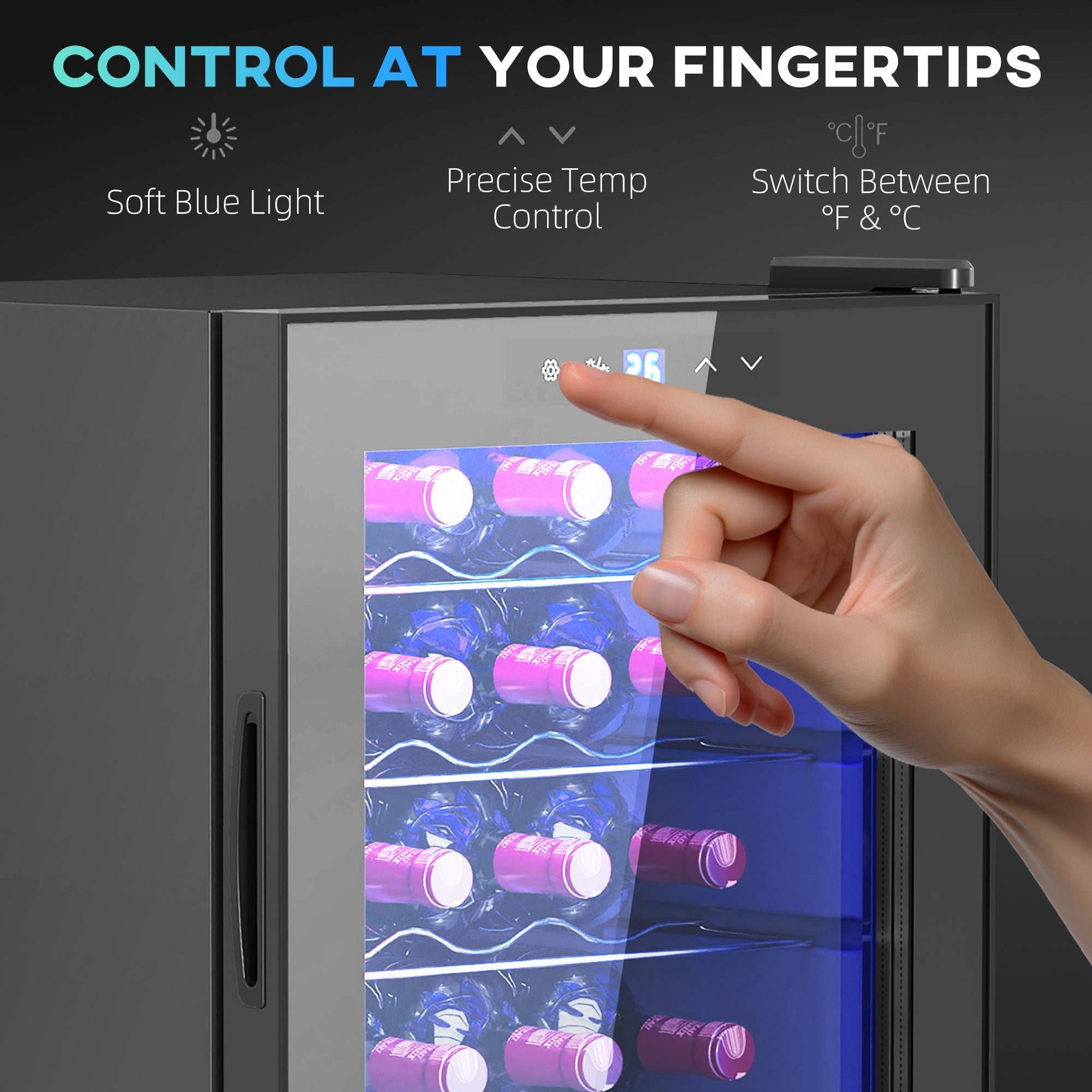 Black freestanding wine cooler fridge with glass door digital touch controls and soft blue led interior lighting