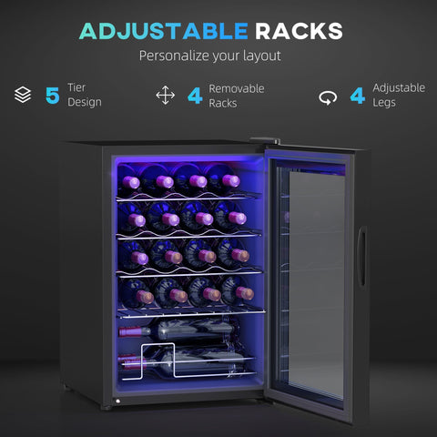 Black freestanding wine cooler fridge with glass door, adjustable racks, and purple LED light for 20 bottles