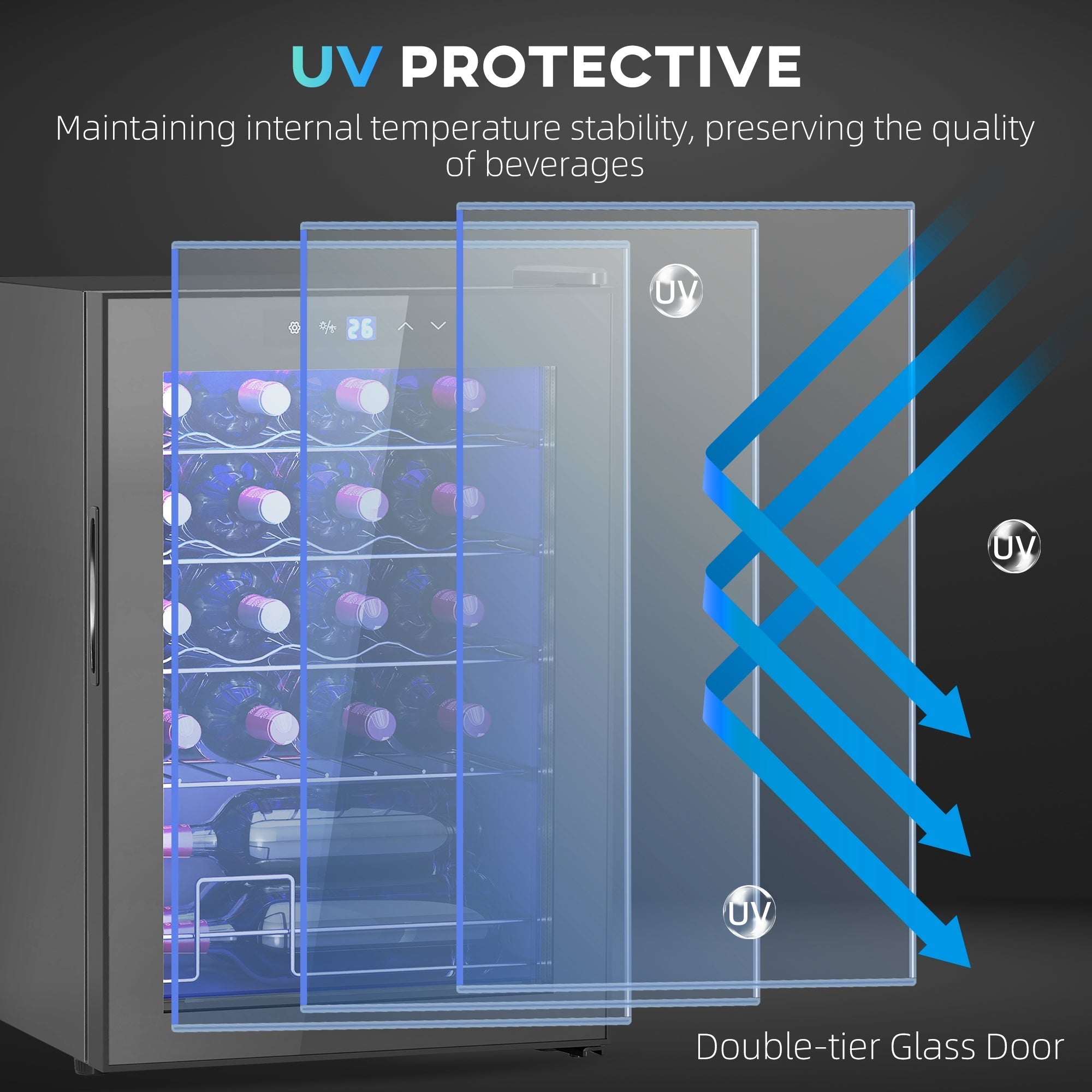 Silver-framed freestanding wine cooler fridge with double-tier glass door and uv-protective features holds 20 bottles
