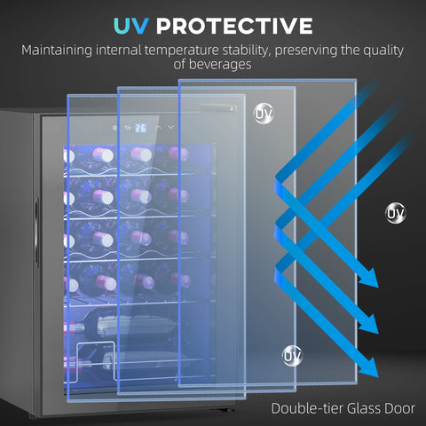 Silver-framed freestanding wine cooler fridge with double-tier glass door and uv-protective features holds 20 bottles