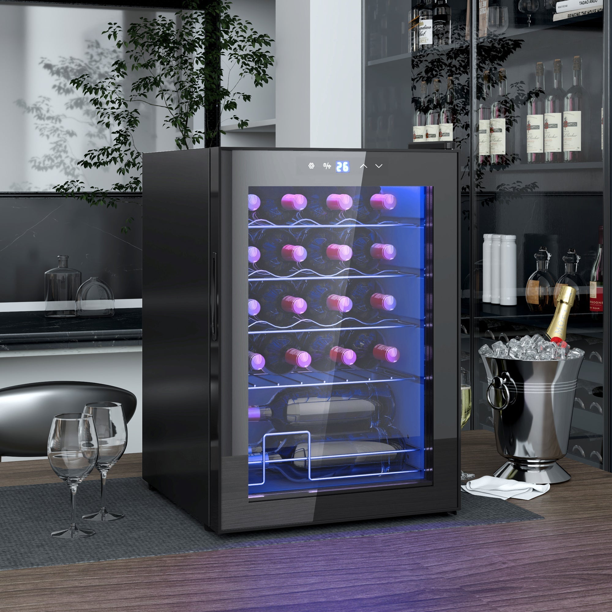 Freestanding black wine cooler fridge with glass door 20 bottle capacity and blue led light with digital display at 26 degrees