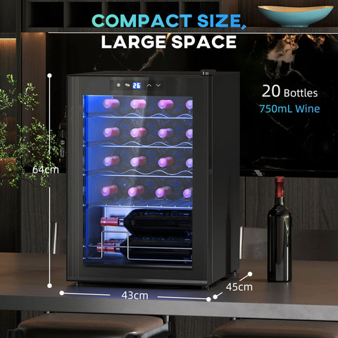Black freestanding wine cooler fridge with glass door blue LED light and digital display showing 26°c temperature