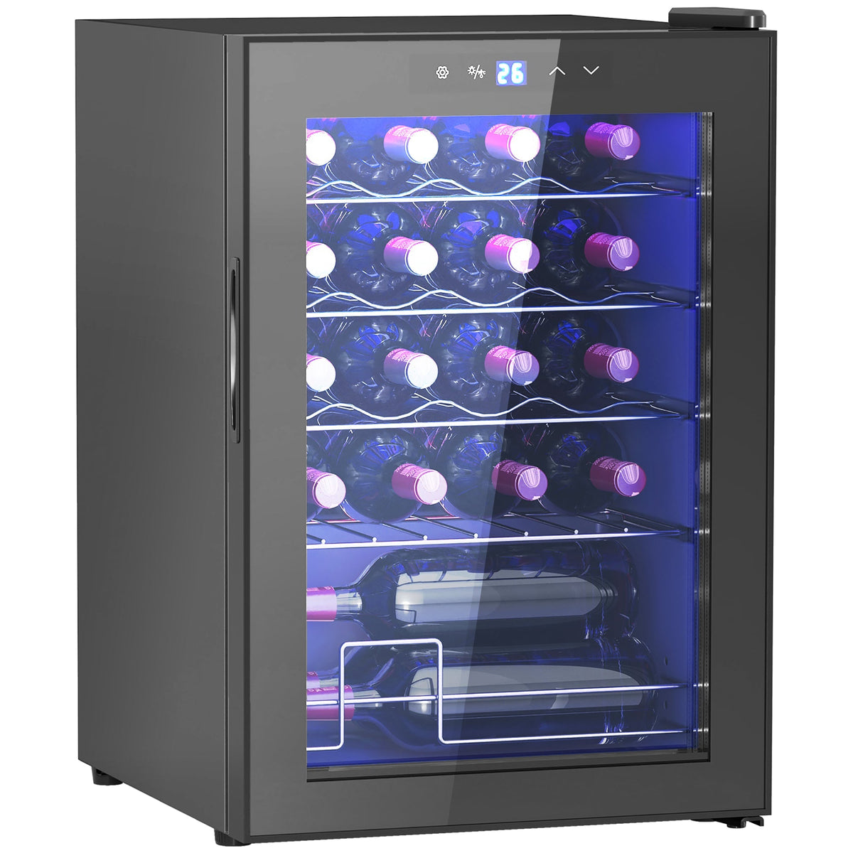 Black freestanding wine cooler fridge with glass door, blue led light, digital display, holds 20 bottles