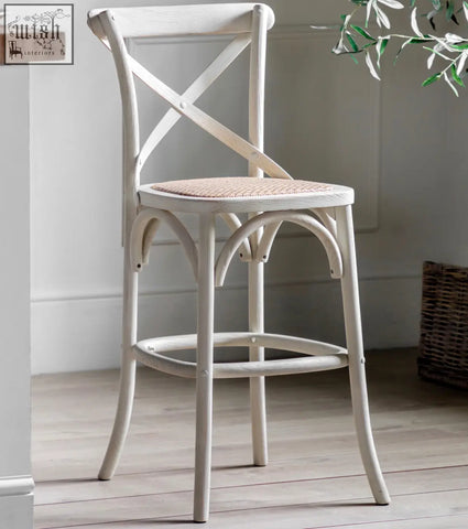 White painted french bistro bar stool with hand woven solid rattan frames and woven beige seat curved legs x 2