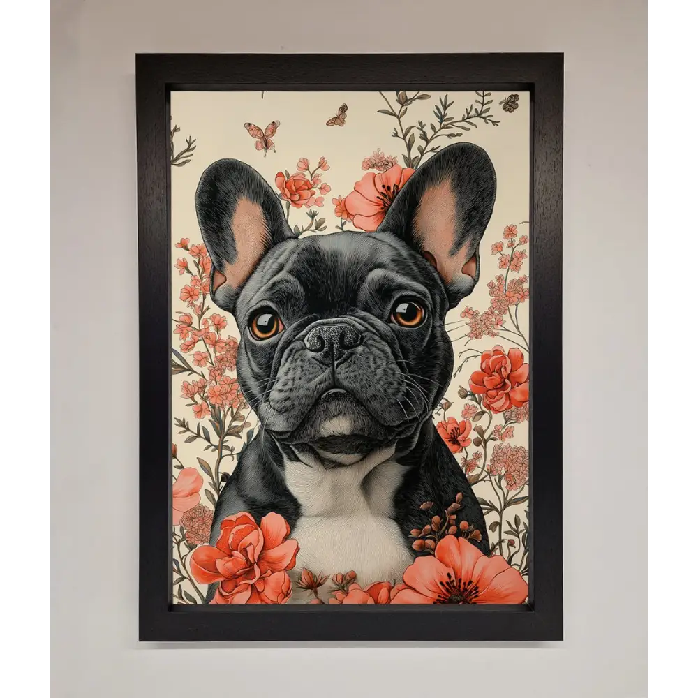 French Bulldog In Flowers Framed Print - A3 (29.7 x 42 cm) / Black - Framed Print