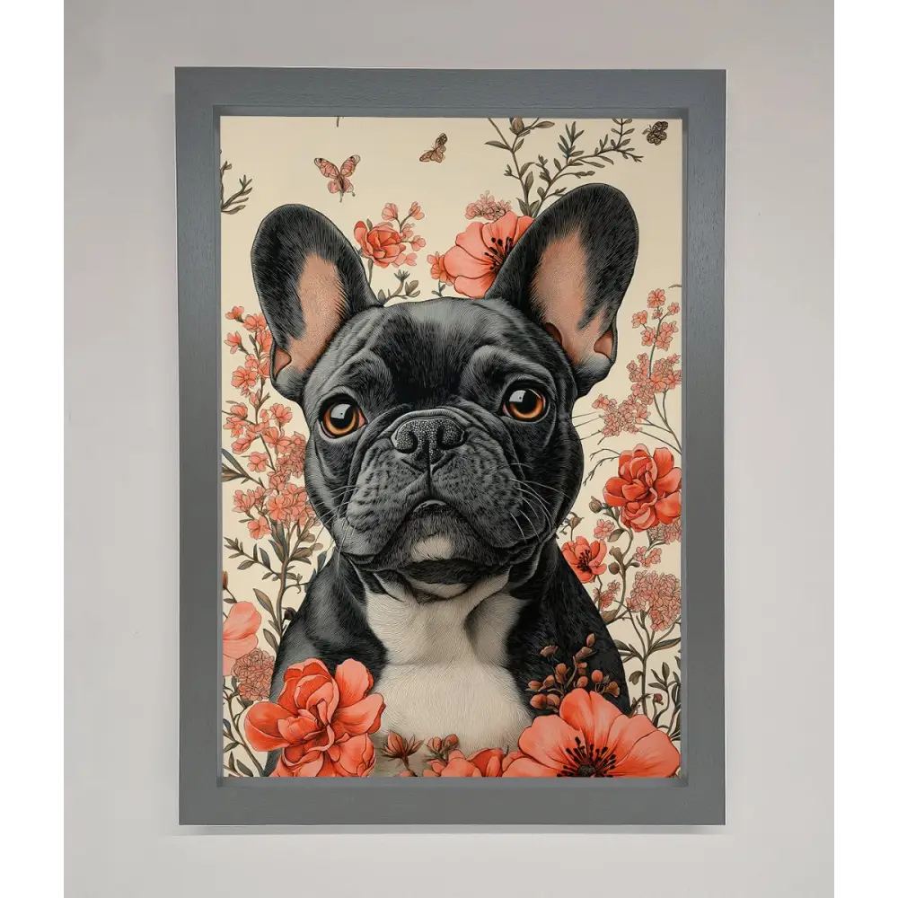 French Bulldog In Flowers Framed Print - A3 (29.7 x 42 cm) / Dark Grey - Framed Print