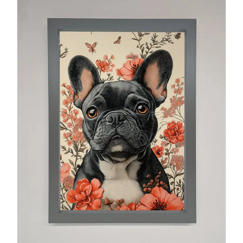French Bulldog In Flowers Framed Print - A3 (29.7 x 42 cm) / Dark Grey - Framed Print