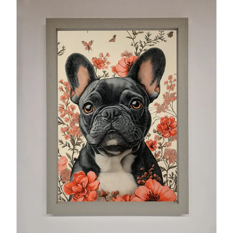 French Bulldog In Flowers Framed Print - A3 (29.7 x 42 cm) / Grey - Framed Print