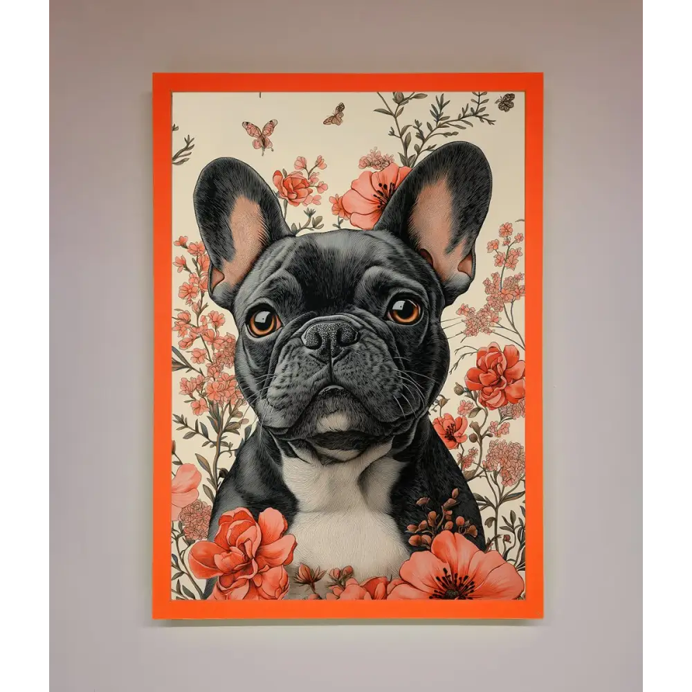 French Bulldog In Flowers Framed Print - A3 (29.7 x 42 cm) / Neon Orange - Framed Print