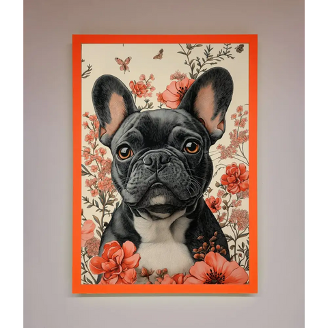 French Bulldog In Flowers Framed Print - A3 (29.7 x 42 cm) / Neon Orange - Framed Print