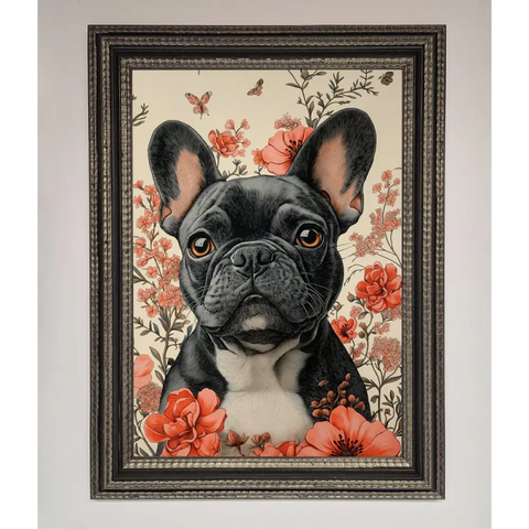French Bulldog In Flowers Framed Print - A3 (29.7 x 42 cm) / Ornate Silver Black - Framed Print