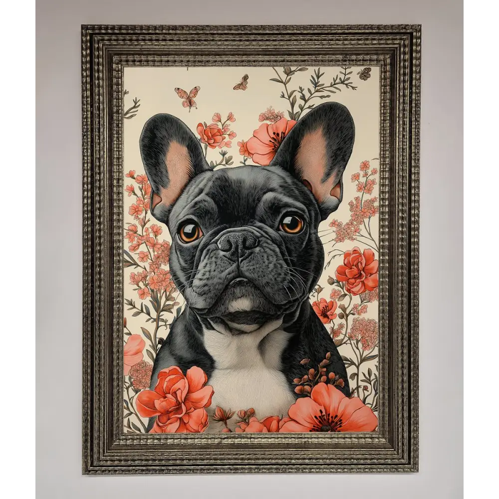 French Bulldog In Flowers Framed Print - A3 (29.7 x 42 cm) / Ornate Silver - Framed Print