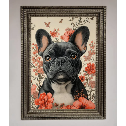 French Bulldog In Flowers Framed Print - A3 (29.7 x 42 cm) / Ornate Silver - Framed Print