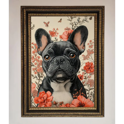 French Bulldog In Flowers Framed Print - A3 (29.7 x 42 cm) / Ornate Gold Black - Framed Print