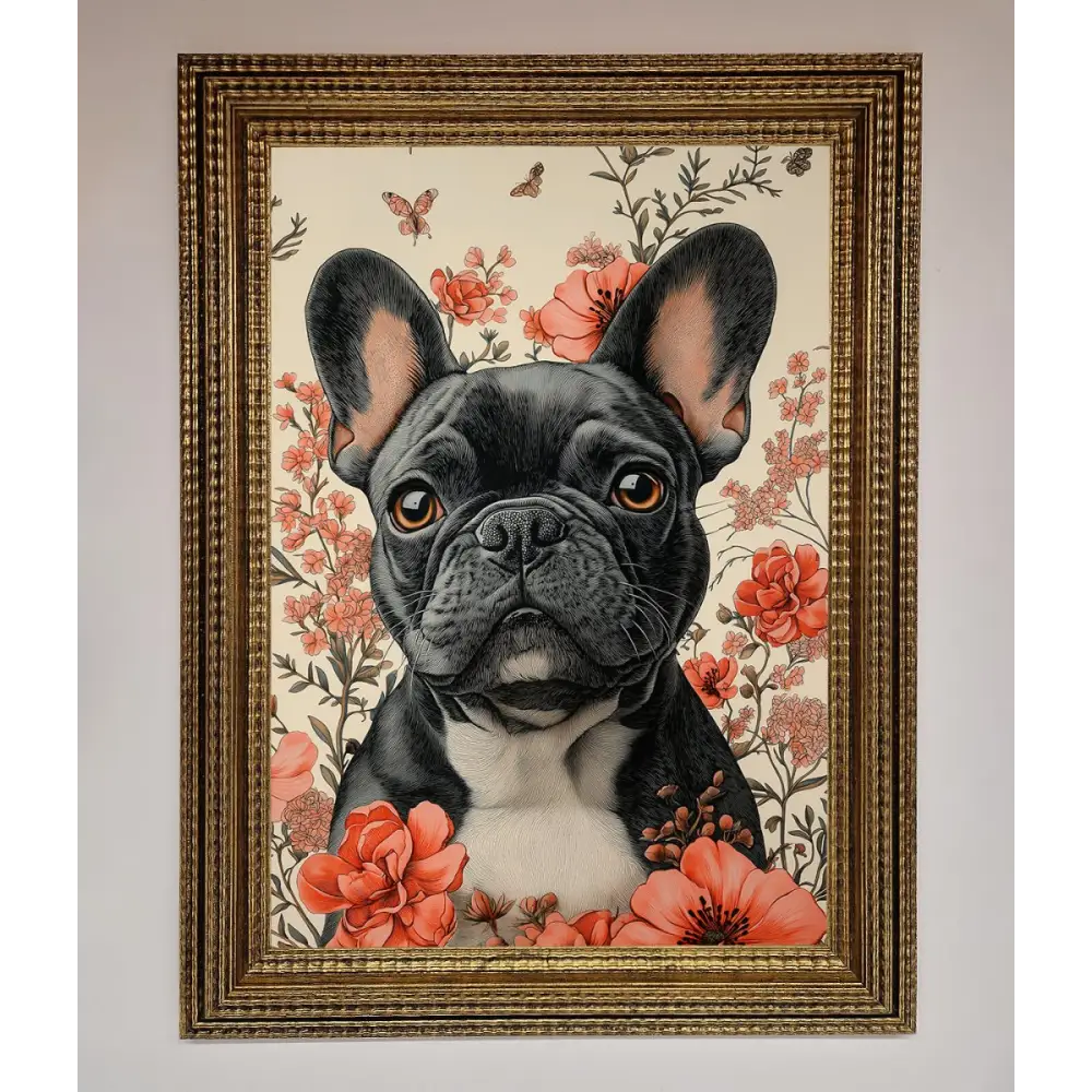 French Bulldog In Flowers Framed Print - A3 (29.7 x 42 cm) / Ornate Gold - Framed Print