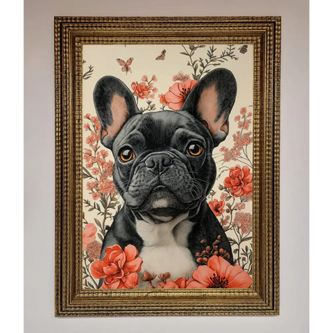 French Bulldog In Flowers Framed Print - A3 (29.7 x 42 cm) / Ornate Gold - Framed Print
